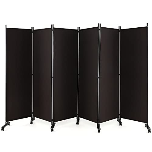 GOFLAME 6 Panel Folding Room Divider, 6FT Rolling Privacy Screen with Lockable Wheels, Portable Room Partition Screen, Freestanding Wall Divider and Separator for Home Office, Brown - color: Brown, size: 6-Panel