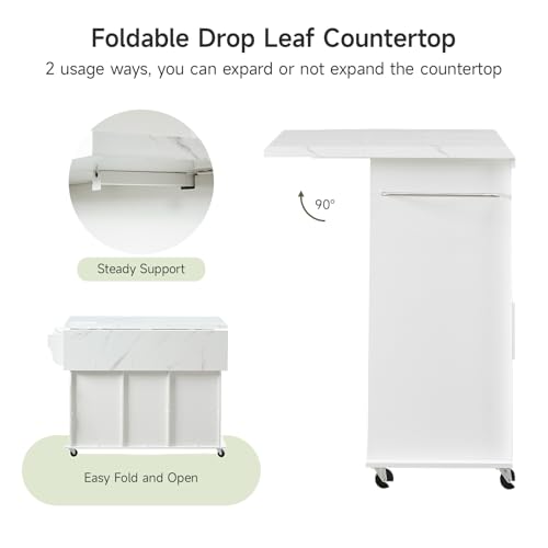 47" Kitchen Island with 2 Storage Cabinets & 5 Drawers, White | Mobile Island Table for Kitchen with Imitation Marble Drop Leaf, Rolling Island Cart with Power Outlet, Spice Rack - color: White