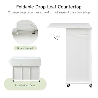 47" Kitchen Island with 2 Storage Cabinets & 5 Drawers, White | Mobile Island Table for Kitchen with Imitation Marble Drop Leaf, Rolling Island Cart with Power Outlet, Spice Rack - color: White