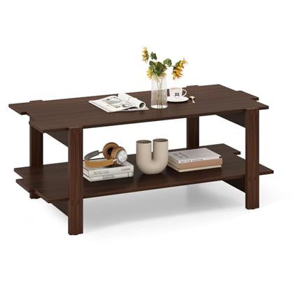 GIANTEX Coffee Table with Storage, 45 Inch Modern Center Table with Slatted Design & Side Rail Support, Rectangular Living Room Table for Small Spaces, Walnut - color: Walnut