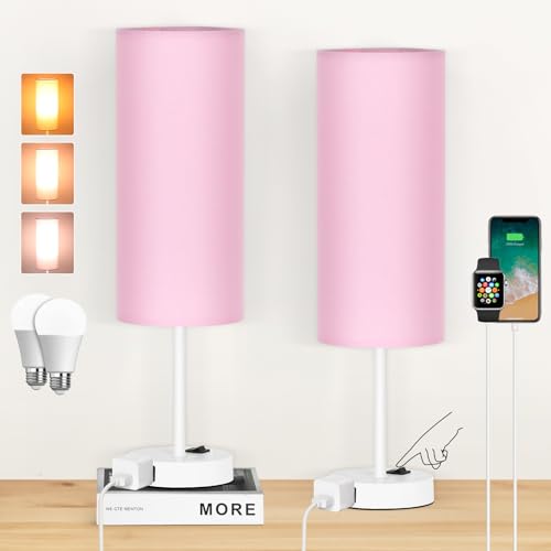 ZJOJO Table Lamp for Bedroom Set of 2,18" Pink Lamps with AC Charging | 3 Way Dimmable,2 A19 E26 Bulbs,Rocker Switch,Nightstand Desk Lamp White Base for Living Room,Dorm,College,Guest Room Lights - color: Pink Fabric Shade White Base, size: 18inch