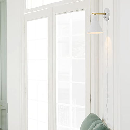 Globe Electric 65542 1-Light Plug-in or Hardwire Wall Sconce, Matte White, Brass Accent, Stepless Dimming Rotary Switch, Fabric Cord, Modern Lighting for Apartment or Renters, Home Decor