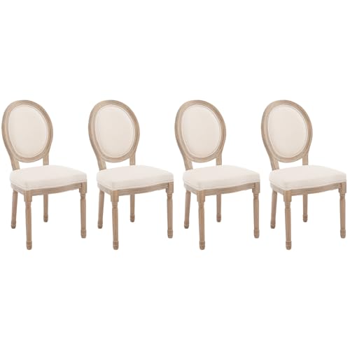 Kmax Farmhouse Dining Room Chairs, Brown Wood Legs Elegant Tufted Kitchen Chairs, French Distressed Bedroom Chairs with Round Back, Set of 4, Beige - color: Antique Brush-fabric-beige, size: 4 Chairs