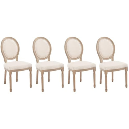 Kmax Farmhouse Dining Room Chairs, Brown Wood Legs Elegant Tufted Kitchen Chairs, French Distressed Bedroom Chairs with Round Back, Set of 4, Beige - color: Antique Brush-fabric-beige, size: 4 Chairs