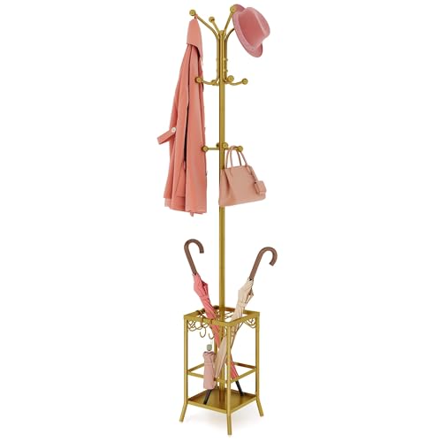 Hoctieon Coat Rack Freestanding, Coat Tree with Umbrella Holder | Metal Coat Rack Stand with 12 Hooks, Standing Coat Hanger Stand, Umbrella Stand for Entryway, Hat Rack Stand for Home Office - color: Gold