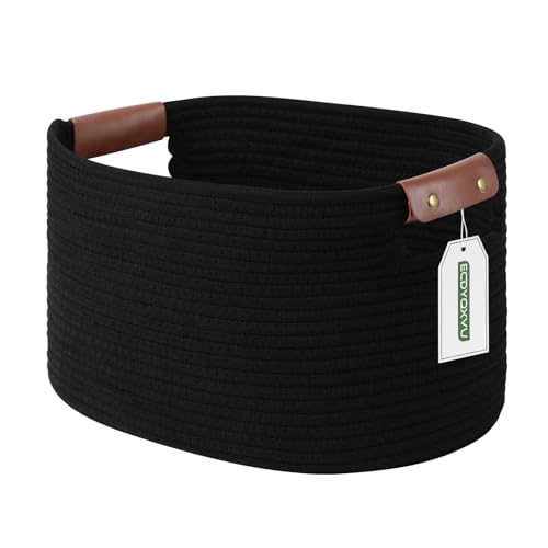 ECDYQXVU 15x10x9 Black Woven Cotton Rope Storage Basket Handles 1 Pack | Foldable Design, Leather Handles, Easy to Clean Organizer for Living Room, Closet, Shelves, Bedroom, Laundry, Clothes - color: Black-1Pack, size: 1 Pack