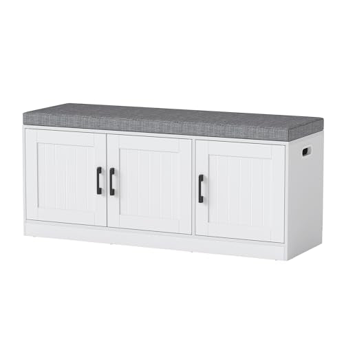 Turosur Shoe Storage Bench with Cabinet, 3-Tier Entryway Bench with Padded Seat Cushion, Shoe Cabinet Bench with 4 Adjustable Shelves for Bedroom, Mudroom, White