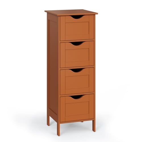 Bonnlo Skinny Bathroom Floor Storage Cabinet,White 12 Inch Wide Deep Small Storage Organizer with 4 Drawers, Brown Wooden Modern Thin Free Standing Tower Cabinet for Bathroom, Living Room - color: Brown