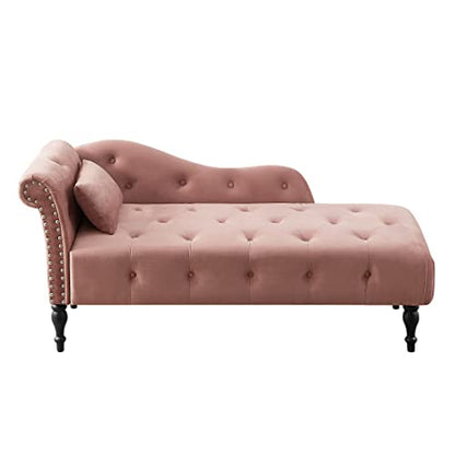 60" Modern Velvet Chaise Lounge Indoor,Upholstered Lounge Chair with Left Armrest and Lumbar Pillow, Button Tufted Lounge Sofa for Living Room Bedroom Office,Mini Chaise Longue Sofa (Pink) - color: Pink