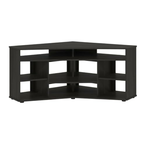Furnifact Espresso Corner TV Stand for Up to 55 Inches, Rubberwood Solids and Cathedral Walnut Veneers, Solid and Manufactured Wood, Stylish Storage Solution - color: Brown