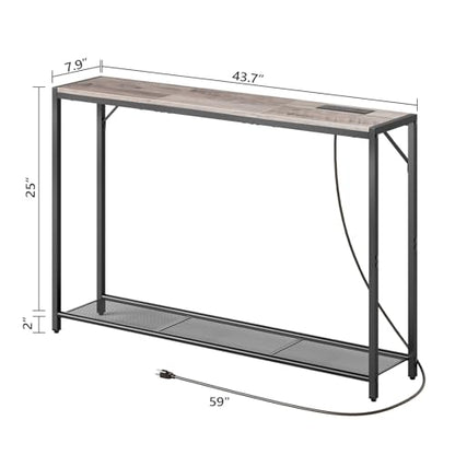 MAHANCRIS 43.7" Console Table with Outlet, Narrow Sofa Table with Shelf | 2 Tier Behind Couch Table, Charging Station, Steel Frame, for Entryway, Living Room, Foyer, Hallway, Greige CTHG11E01N1 - color: Greige, Black