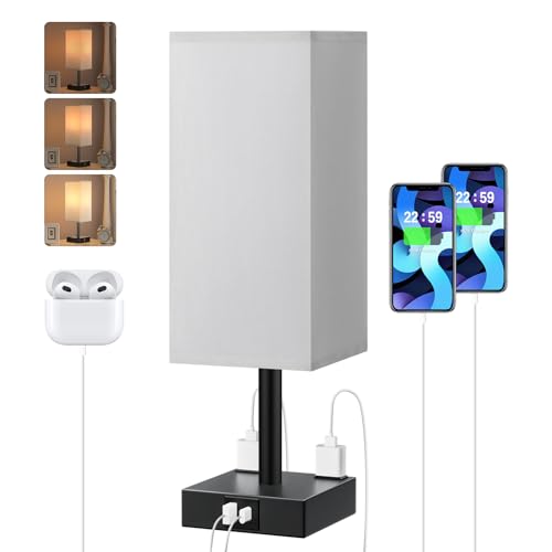 Grey Touch Table Lamp for Bedroom - Dimmable, USB C+A, 2 AC Outlets | 3-Way Dimming, 3000K Bulb Included, Square Grey Lampshade and Black Base, Desk Lamp for Nightstand, Living Room, Dorm - color: Gray & Black, size: 14.0in