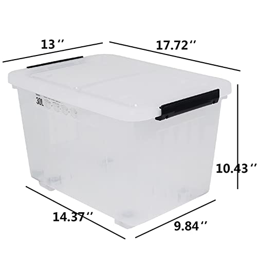 4 Packs 30 L Clear Large Storage Boxes Container with Lids and Wheels | Clear Translucent Design, Secure Latch Lock Lids, Smooth Rolling Wheels, for Home Office Garage Use - size: 30 L