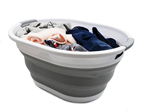 SAMMART 32L (8.4 Gallon) Collapsible Plastic Laundry Basket - Foldable Pop Up Storage Container/Organizer - Portable Washing Tub - Space Saving Hamper/Basket, Water Capacity: 24L (2, White/Grey) - color: White/Grey
