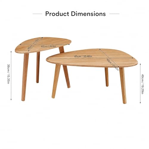 Nesting Coffee Table Set of 2-Mid Century Modern Coffee Table | Guitar Pick Stacking Tables with Solid Wood Legs,Small Coffee Tables for Small spaces,Living Room,Balcony - color: Natural