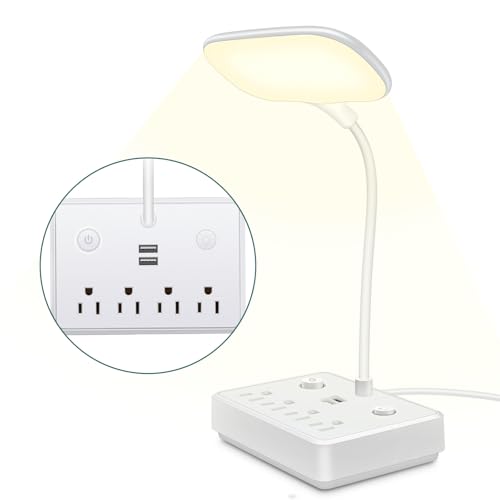 LED Desk Lamp with 2 USB Charging Port and 4 AC Power Outlet - 3 Lighting Modes, Adjustable Gooseneck, Eye-Caring Small White Table Lamp for Home Office College Dorm Room Essentials
