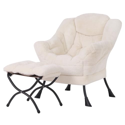 Welnow Lazy Chair with Ottoman, Reading Chair with Footrest, Plush Beige | A Side Pocket,Armrests,Foldable Footrest,Thick Cushioned Seat & Backrest, Lounge Chair for Bedroom,Living Room & Small Space - color: Plush Beige