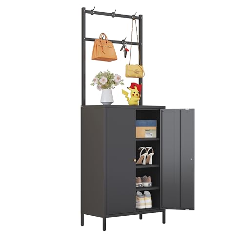 2in1 Hall Tree Shoe Cabinet for Entryway, Hallway, and Living Room,Metal Shoe Coat Rack Cabinet with 3 Adjustable Shelf,Shoe Storage Organizer with Hanging Bar & Hooks (Cabinet With Coat Rack, black) - color: Black, style: Cabinet With Coat Rack
