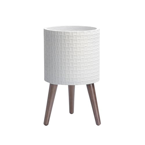 D'vine Dev Planter Pot with Wood Stand, 10 in, Matte White, 88-Z-B-1 | Mid-Century Modern Style, Elevated Plant Display, Drainage Hole and Plug, Functional & Stylish, Modern Indoor Planter - color: Matte White, size: Medium