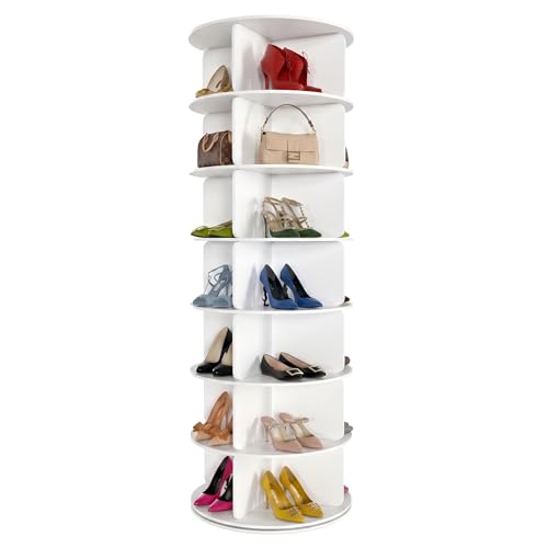 Cushore Rotating Shoe Rack Tower, Spinning Shoe Display Lazy Susan, Revolving 360 Shoe Storage Round Carousel, Shoe Purse Hat Organizer for Entryway, Closet, Cabinet, White - size: 23.5Inch