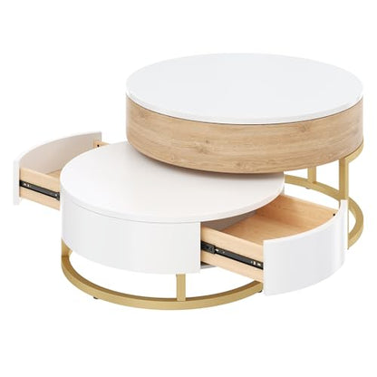 Modern Round Lift-top Nesting Coffee Tables with 2 Drawers for Living Room White & Natural - color: Oak Natural Wood + Antique White