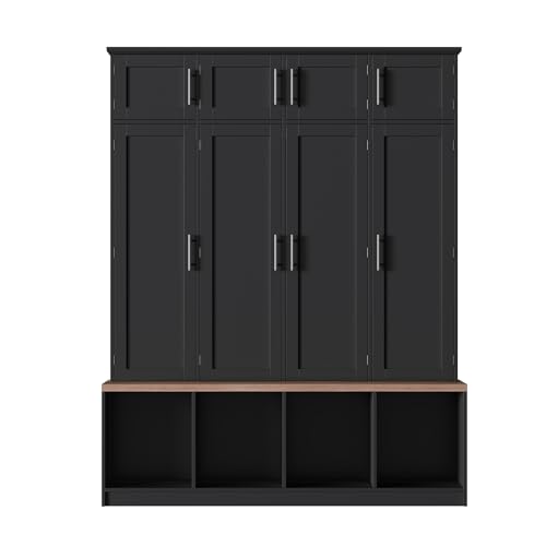JIVOIT 75" H Farmhouse Hall Tree with Storage, Versatile 4-in-1 Coat Hanger with 4 Hidden Hanging Hooks, 8 Doors, Entryway Shoe Cabinet with Open Compartments for Living Room (Black//23) - color: Black//23