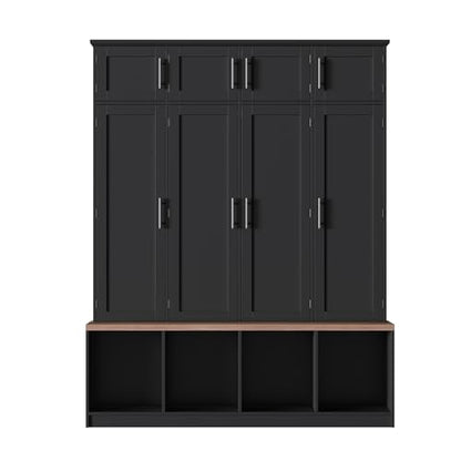 JIVOIT 75" H Farmhouse Hall Tree with Storage, Versatile 4-in-1 Coat Hanger with 4 Hidden Hanging Hooks, 8 Doors, Entryway Shoe Cabinet with Open Compartments for Living Room (Black//23) - color: Black//23