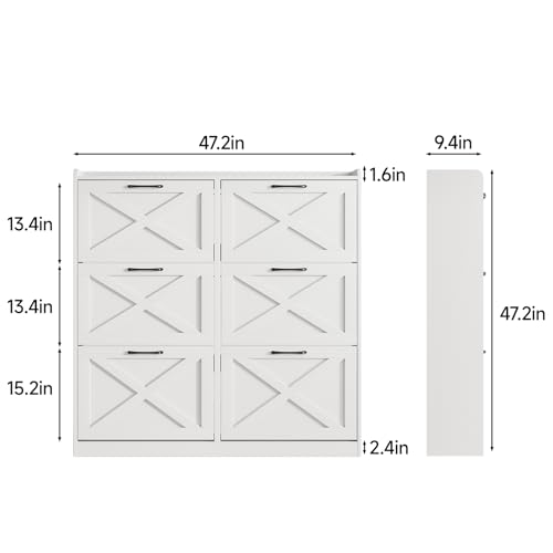Maupvit Large Shoe Storage Cabinet with 6 Flip Drawers, Freestanding Shoe Organizer with Metal Handles for Entryway, Narrow Shoe Rack Cabinet, White - color: White, style: 6-Drawers