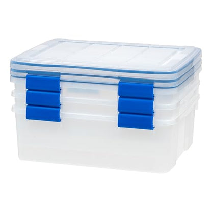 IRIS USA 3-Pack 26.5 Qt Storage Bins with Gasket Lids, Clear/Blue | WeatherPro seal protects everyday essentials in closets, offices and laundry rooms - size: 27 Qt. - 3 Pack