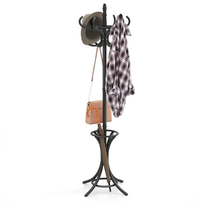 Giantex Solid Wood Coat Rack, Freestanding Hall Tree w/12 Hooks, Umbrella Holder, Entryway Hanger Stand for Coat, Hats, Scarves, Bags, Wooden Garment Rack for Bedroom, Hallway (Black) - color: Black