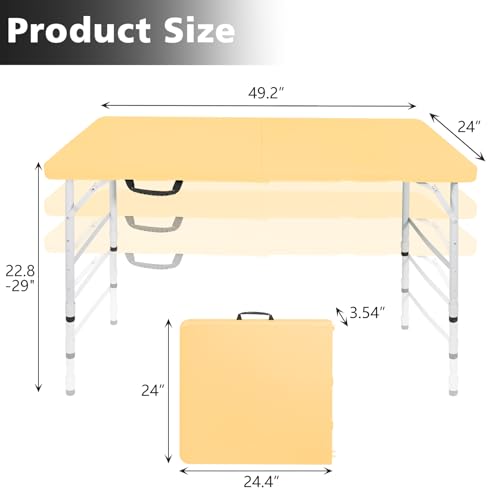 Portable 4Ft Folding Table, Heavy Duty Plastic Fold-in-Half Utility Foldable Table, Adjustable Height Plastic Folding Table with Carrying Handle for Camping &Party Indoor/Outdoor(Light Yellow) - color: Light Yellow, size: 4Ft