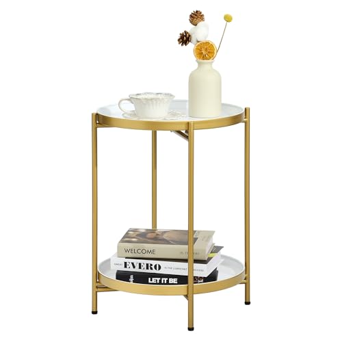 2-Tier Round End Side Table, Small Metal Side Table with Removable Tray, Folding Accent Tables for Living Room, Balcony, Nightstand for Bedroom, Outdoor Tables for Patio, Gold&White - color: Gold&white