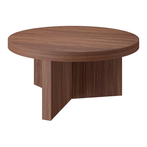 Henn&Hart 32" Scandinavian Fluted Coffee Table, Medium Walnut | Ribbed pedestal base and low profile bring Scandinavian style to small spaces including living rooms or family rooms - color: Medium Walnut, size: 32 inches
