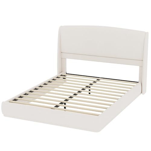 RuiSiSi Queen Size Upholstered Bed with Wingback Headboard, Low Profile Linen Fabric Platform Bed Frame, Strong Wood Slats, No Box Spring Needed, Easy Assembly, Beige - color: Beige