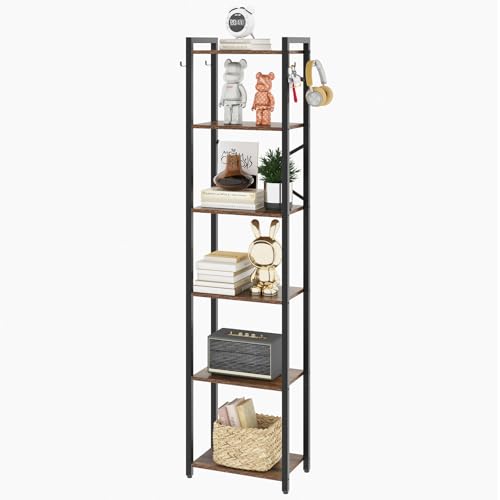 YMYNY Bookshelf, 6-Tier Ladder Shelf Organizer, Narrow Shelving Unit, Corner Storage Racks, Large Capacity Bookcase, for Home Office Living Room Balcony Bathroom, Metal Frame,HBC001H - color: Rustic Brown, size: 6 Tiers