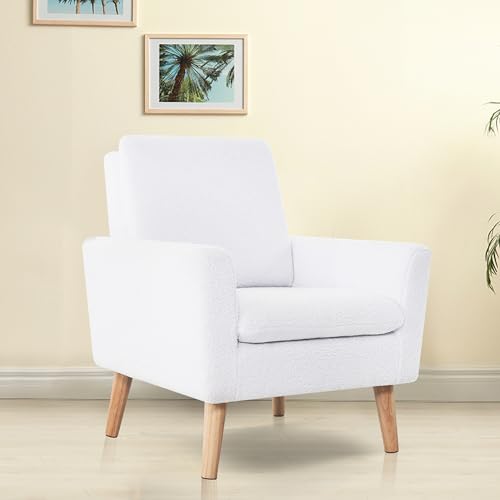 Naomi Home Frida Fleece Minimalist Accent Chair, White | Thick Cushions, Ergonomic Backrest, Solid Oak Legs, Cozy Reading Chair, Modern Living Room Seating - color: White, style: Classic