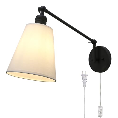 Retro Swing Arm Wall Sconce Plug in Wall Lamp Black Single Sconce with White Fabric Shade Wall Light Fixture for Bedroom Living Room Office - color: Black