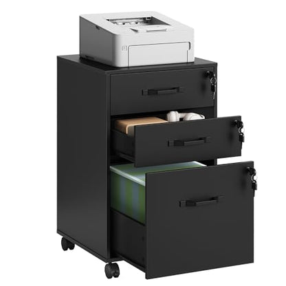 VASAGLE 3-Drawer Mobile File Cabinet, Home Office, Locking, Printer Stand | Highlight: Small Rolling, A4, Letter-Size Hanging File Folders, Ink Black, CUSTOS Collection UOFC084BC01SV1 - color: Ink Black, size: 3 Drawers with Lock