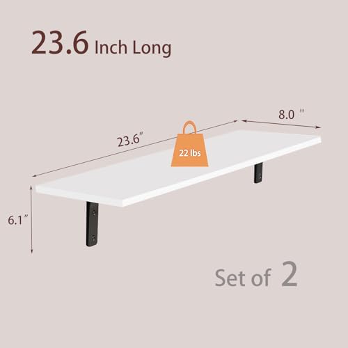 Long Wall Shelves, 23.6Inch Wooden Wall Mounted Shelves, Set of 2 | Floating Book Shelf, Sturdy Metal Bracket Easy Assembly, Max Load 22lbs, Wall Storage Ledges, Bedroom/Bathroom/Kitchen, White - color: White, size: 23.6 Inch