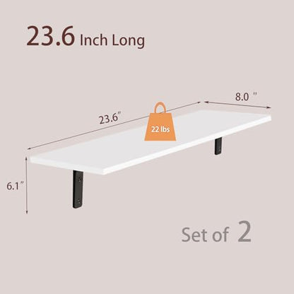 Long Wall Shelves, 23.6Inch Wooden Wall Mounted Shelves, Set of 2 | Floating Book Shelf, Sturdy Metal Bracket Easy Assembly, Max Load 22lbs, Wall Storage Ledges, Bedroom/Bathroom/Kitchen, White - color: White, size: 23.6 Inch