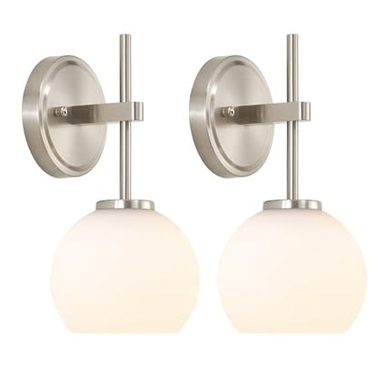 Brushed Nickel Battery Operated Wall Sconce Set of 2, Wireless Rechargeable Sconces Wall Lighting with Remote Control, LED Wall Lights with Opal White Glass Shade, 12 Colors RGB & 3 CCT Bulb - color: Brushed Nickel & Opal Glass, size: Battery 12 Inch