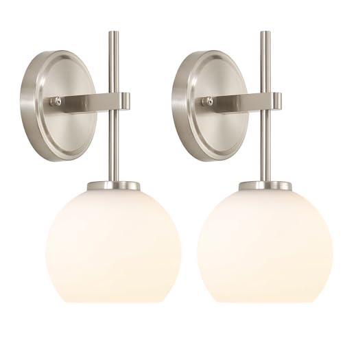 Brushed Nickel Battery Operated Wall Sconce Set of 2, Wireless Rechargeable Sconces Wall Lighting with Remote Control, LED Wall Lights with Opal White Glass Shade, 12 Colors RGB & 3 CCT Bulb - color: Brushed Nickel & Opal Glass, size: Battery 12 Inch