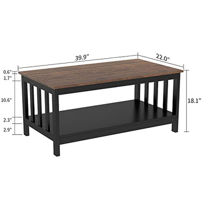 ChooChoo Farmhouse Coffee Table Living Room with Shelf, 40 Inch | With Shelf, Living room， Brown - color: Espresso, size: 22"D x 39.9"W x 18.1"H