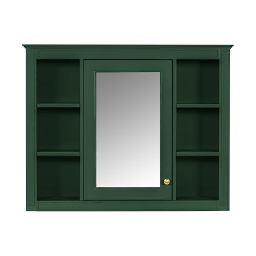 Wall Mounted Medicine Cabinet, Bathroom Storage Cabinet with Mirror Door and 6 Adjustable Open Shelf (7.3" D x 35" W x 27.5" H) (Green) - color: Green