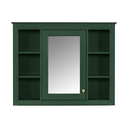 Wall Mounted Medicine Cabinet, Bathroom Storage Cabinet with Mirror Door and 6 Adjustable Open Shelf (7.3" D x 35" W x 27.5" H) (Green) - color: Green