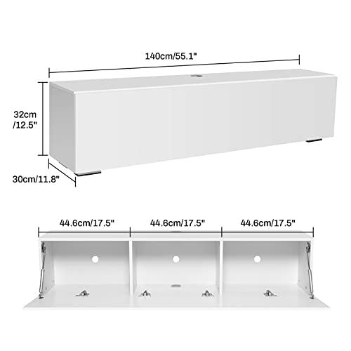 HOMMPA Floating TV Stand with LED for 65/60/55 inch TV, Modern High Gloss Wall Mounted Entertainment Center with Storage, Floor Mounted Media Console, White - color: White