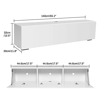 HOMMPA Floating TV Stand with LED for 65/60/55 inch TV, Modern High Gloss Wall Mounted Entertainment Center with Storage, Floor Mounted Media Console, White - color: White