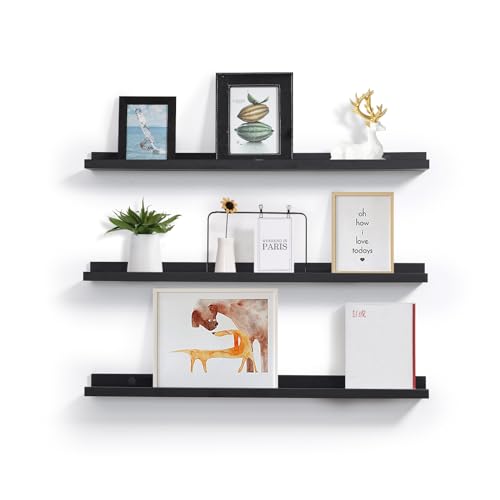 MBYD 48 Inch Long Dark Black Floating Photo Shelves with Lip, Picture Ledge Shelf Set of 3 Same Sizes, Wall Mounted Wooden Shelf for Bedroom Bathroom Kitchen Bathroom Living Room - color: Black, size: Set of 3 48 in