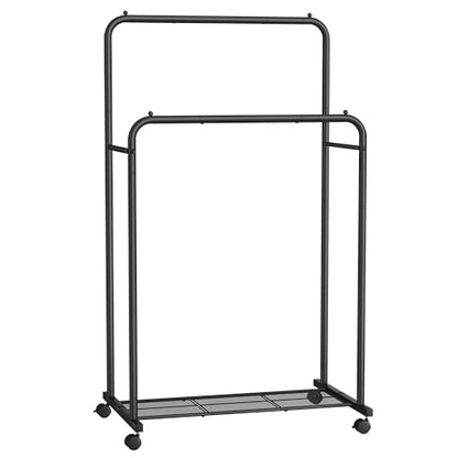 SONGMICS Double Rods Clothes Rack with Wheels, Clothing Rack for Hanging Clothes, Heavy Duty Garment Rack with Mesh Storage Shelf, 2 Brakes, Each Top Rail Holds up to 77 lb, Black UHSR26BKV1 - color: Black, style: Double Rod