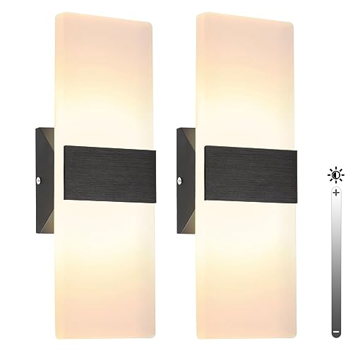 TRLIFE Dimmable LED Wall Sconces, Modern Wall Sconces Set of 2 Wall Mounted Lights 12W 3000K Warm White Hardwired Wall Sconce Lighting for Bedroom Bedside Bathroom Living Room Stairway(2 Pack, Black) - color: Warm White, size: Black Brushed Aluminum